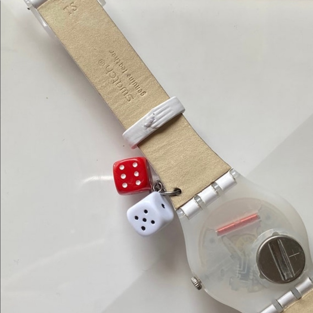 SWATCH WATCH Star Feelings Mini Dice Leather Band Red White Stars Stripes NEW - Picture 4 of 4